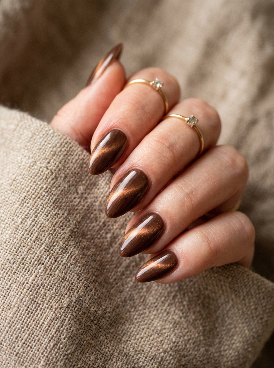 Brown Cat Eye Chrome Nails mit edlem Chrome-Schimmer für den Herbst 2026
